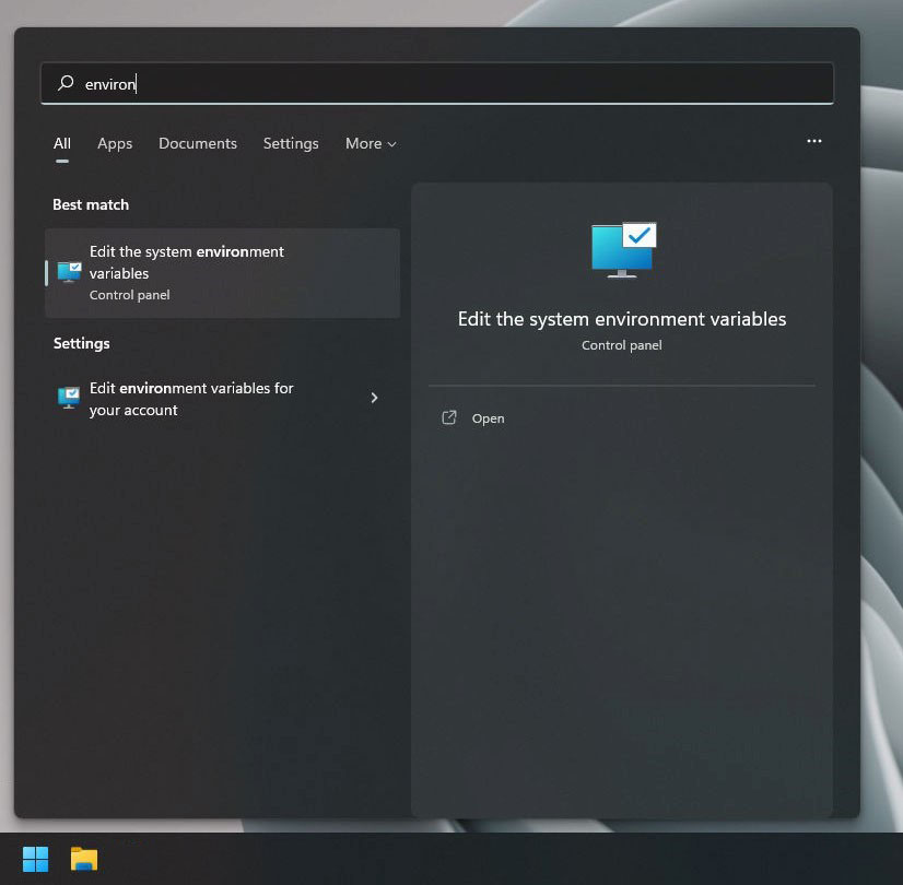Windows 10/11 Environment Variables Start Menu Environment Variables Control Panel