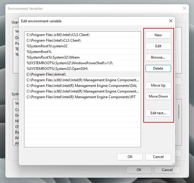 Windows 10/11 Edit Environment Variable Dialog Box