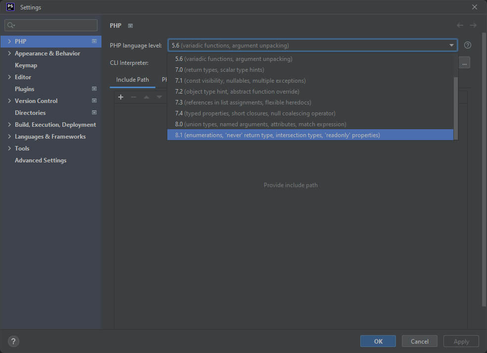 How To Change Current Project PHP Version in JetBrains PhpStorm 2022.2.2 - Settings > PHP > PHP Language Level Update