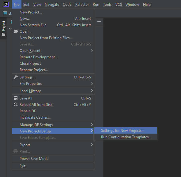 JetBrains PhpStorm Change New Projects Setup - Settings For New Projects Menu