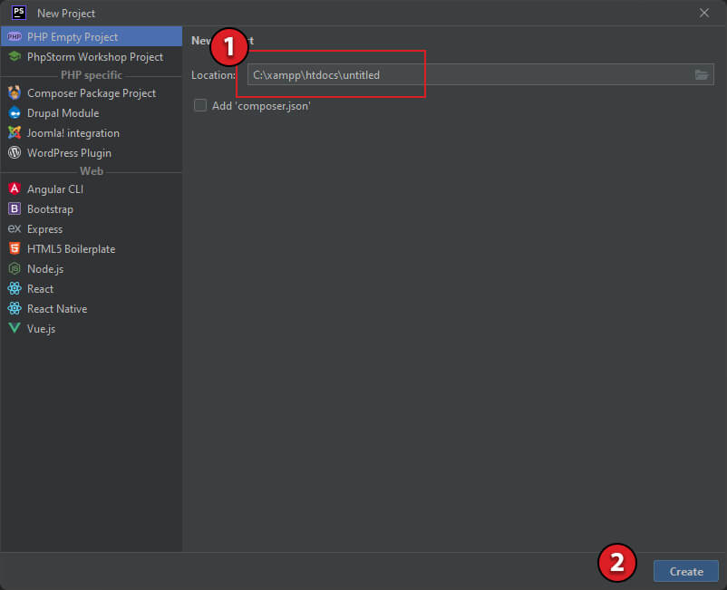 JetBrains PhpStorm Create New Project To Test New Project Settings - Create New Project Set Project Location