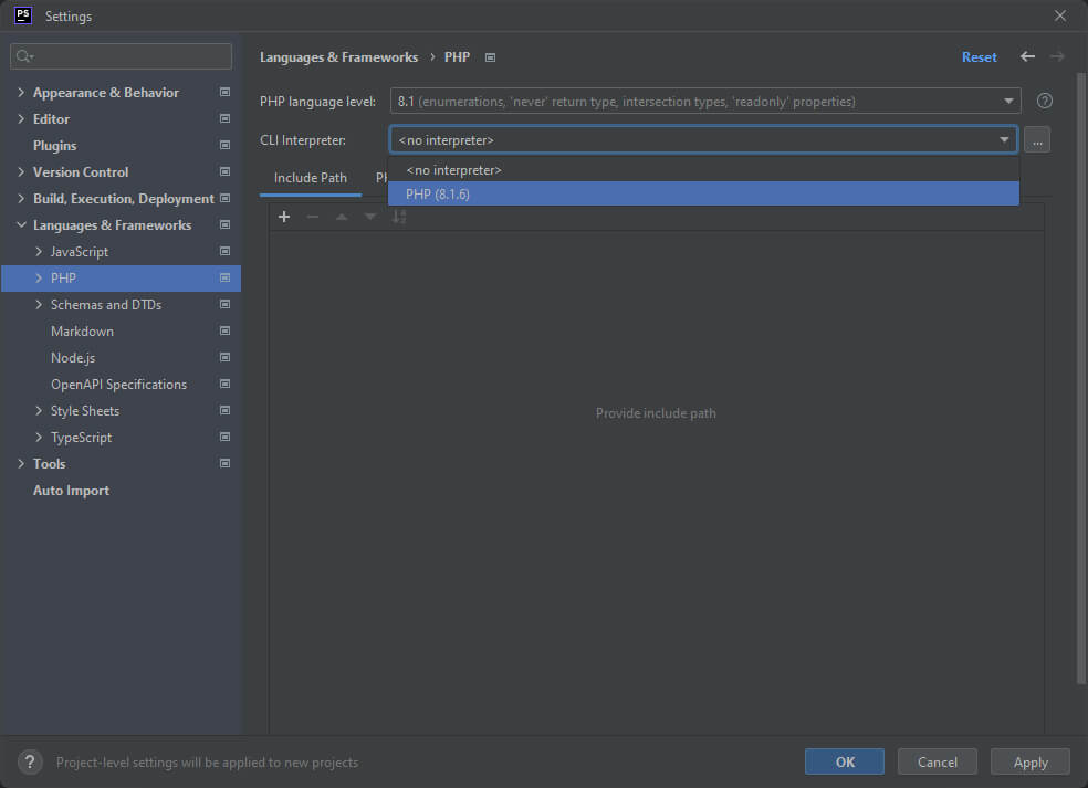 JetBrains PhpStorm Change New Projects Setup Settings For New Projects - Set PHP CLI Interpreter