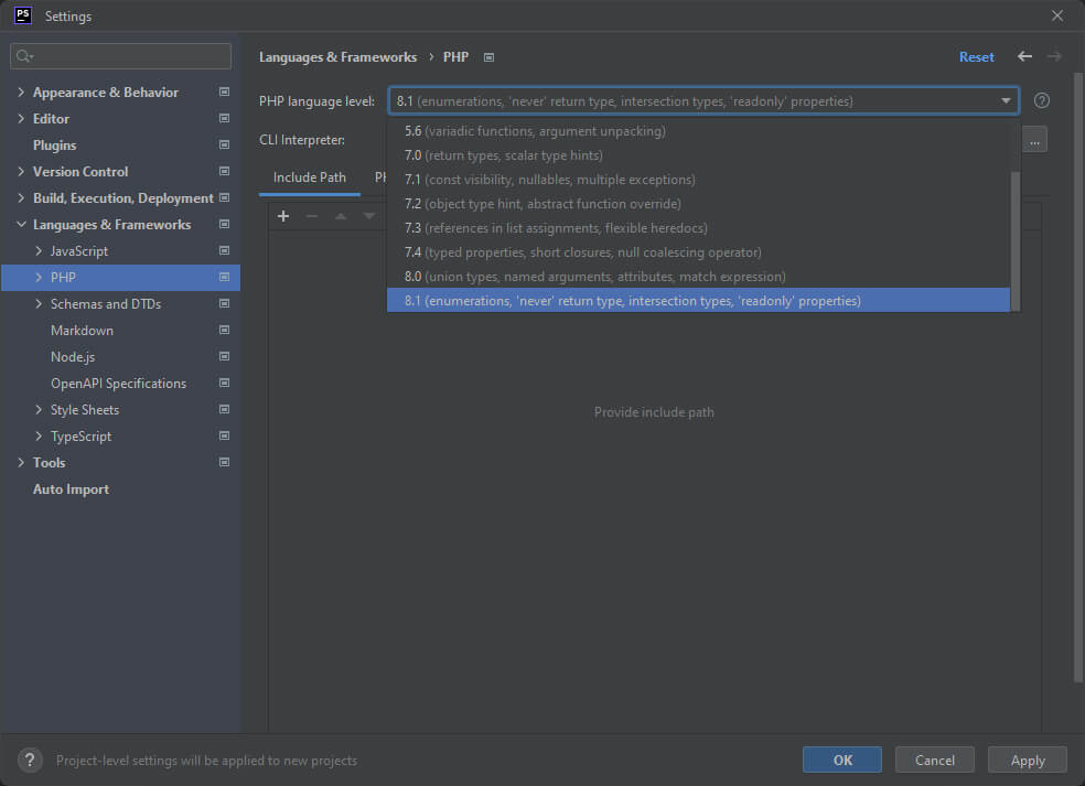 JetBrains PhpStorm Change New Projects Setup Settings For New Projects - Set PHP Language Level