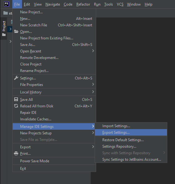 Export/Import IDE Settings in PhpStorm 2022.2.2 - Step 01: Opening the File > Manage IDE Settings > Export Settings... Prompt