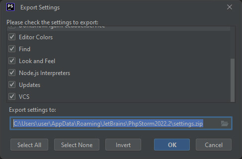 Export/Import IDE Settings in PhpStorm 2022.2.2 - Step 02: Decide Where in the File System to Export the Settings As A Zip File