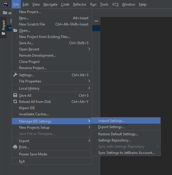 Export/Import IDE Settings in PhpStorm 2022.2.2 - Step 01: Opening the File > Manage IDE Settings > Import Settings... Prompt On the Destination Machine
